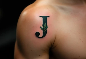 Bold serif "J" in dark forest green with a textured leaf pattern inside the letter. tattoo idea