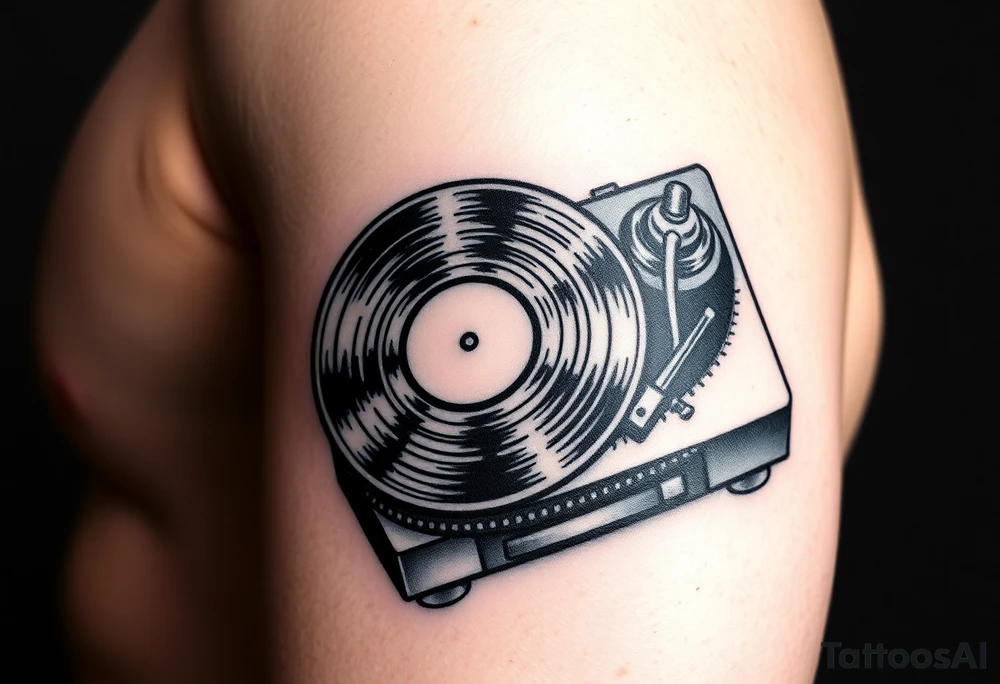 vinyl records and vinyl record player as an expression of love for house music tattoo idea