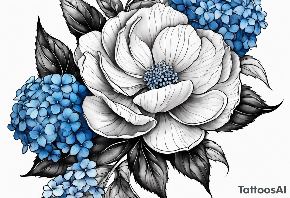 Arm sleeve with blue hydrangea flowers tattoo idea