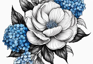 Arm sleeve with blue hydrangea flowers tattoo idea