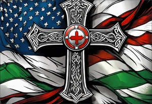 Keltic cross with tattered anerican flag hanging over one and matching Irish flag on other tattoo idea