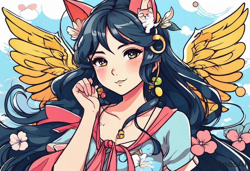 I want a half sleeve on right arm from wrist to elbow. I want the theme to be Neko Anime girl with wings around age 18-24. I want the face to be pouting face with puffed cheeks. tattoo idea