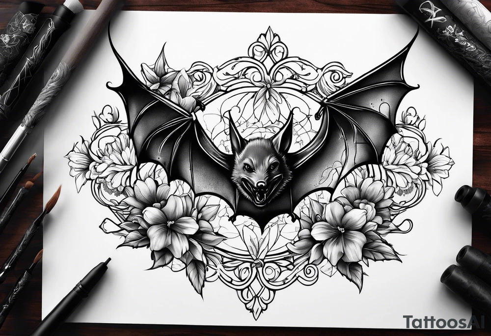 Vines flowers bat stars tattoo idea