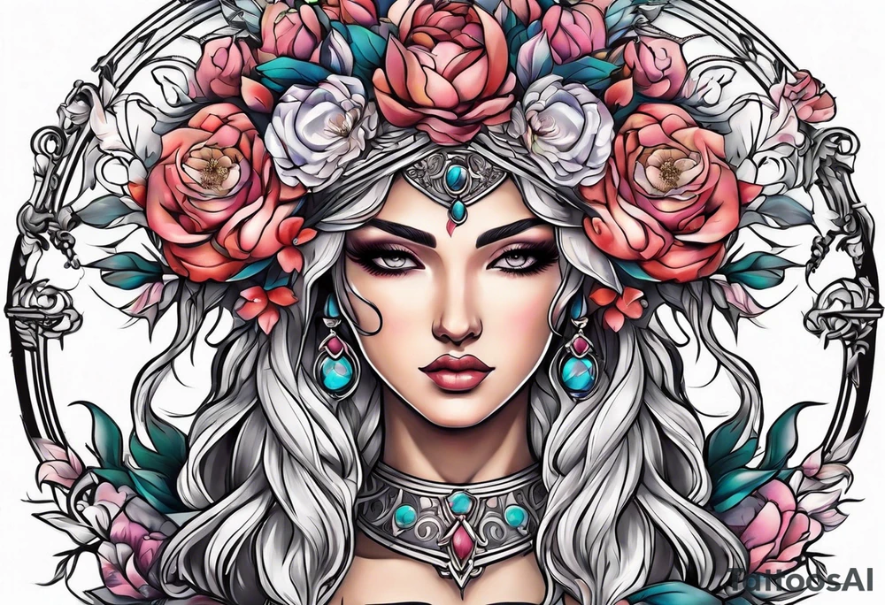 Goddess of justice with flowers tattoo idea