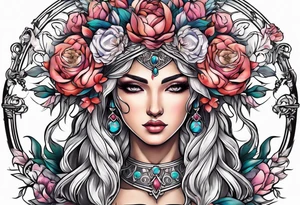 Goddess of justice with flowers tattoo idea