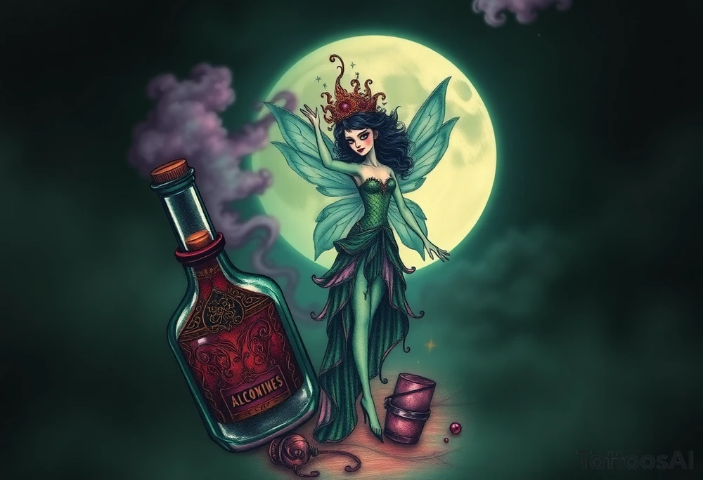 Tim Burton’s kelly doty pin up style Vintage Parisian elegant and hauntingly beautiful yet eerie full body absinthe Green Fairy dances outside her victorian crystal decatur she was once inside this elaborate ornate bottle absinthe bottle Absinthe Art Nouveau   and dripping with muted reds, dusty pinks, and eerie green glow.purple and cyan smokey clouds swirl in the crescent moonlit sky thats sprinkled with stars tattoo idea