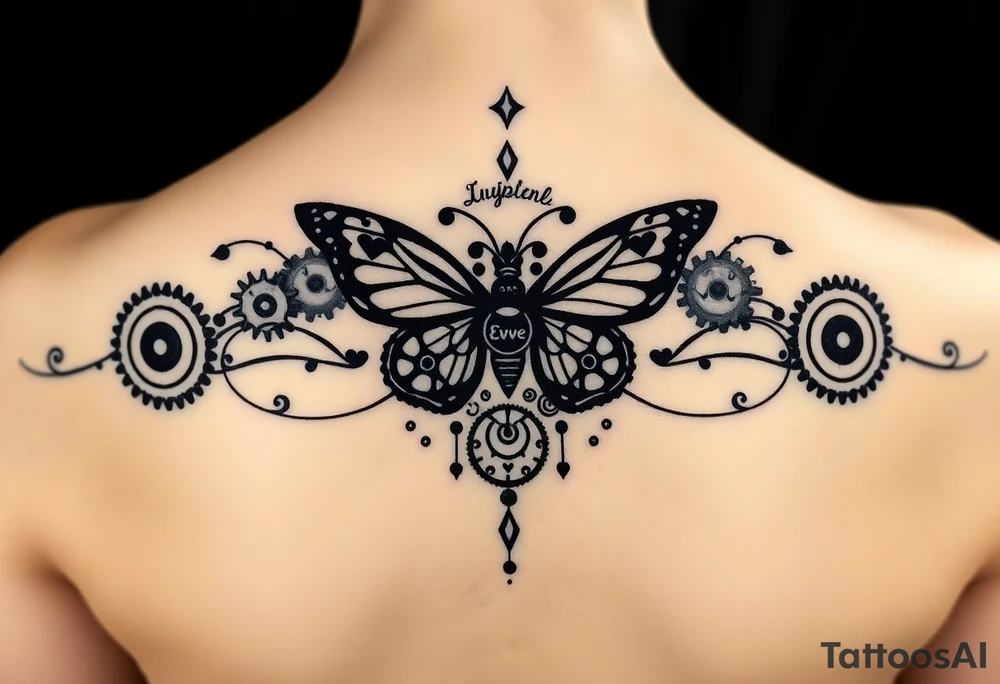 tattoo design for back spine with techno mechanical aspects representing life and eternity.  sprockets gears screws levers hearts circles love universe spiral butterfly tattoo idea