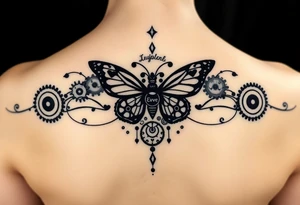 tattoo design for back spine with techno mechanical aspects representing life and eternity.  sprockets gears screws levers hearts circles love universe spiral butterfly tattoo idea