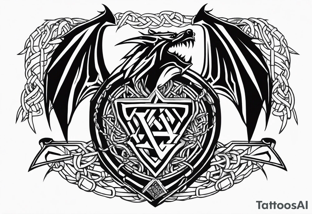 Valhalla sword shield dragon axe Valknut barbed wire chains tattoo idea Valhalla sword shield dragon axe Valknut barbed wire chains tattoo idea