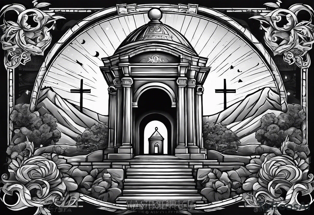 Tomb with cross and sun in the background tattoo idea