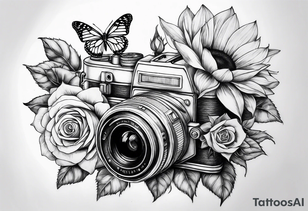 Butterfly, sunflower, camera, book, flower rose tattoo idea Butterfly, sunflower, camera, book, flower rose tattoo idea