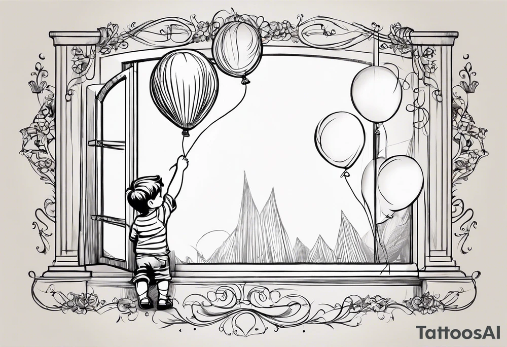 tatoo in sketch style only.
A little boy is holding a string to the hearth shaped small party baloon.
boy should be drawed from behind and has one hand reaching up in 45 degree angle and holding the baloon string
On the string is a wave which look like a hearbeat pulse.
draw it without any scenery, without any background. Just a boy tattoo idea