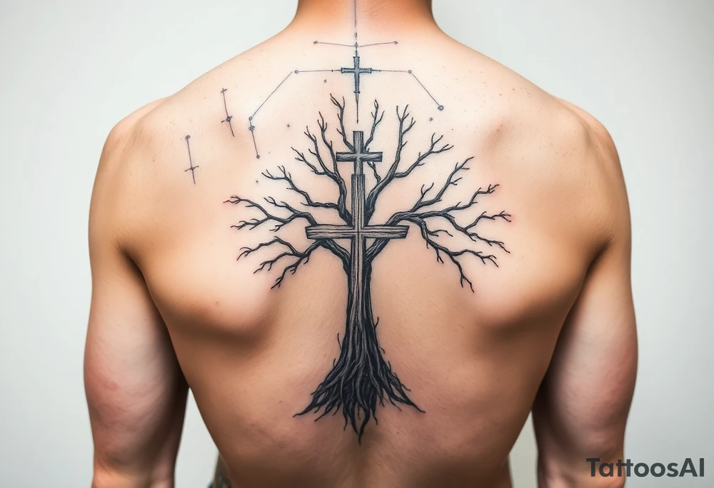 powerful constellation with a strong tree and cross incorporated for forearm tattoo idea