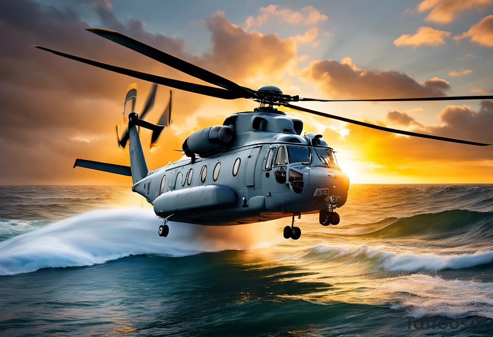 Canadian military grey CH-148 Cyclone helicopter soaring low over rough, ocean waves. The sun is setting, casting a dramatic glow on the scene with realistic clouds and a specular reflection of the helicopter on the water. The helicopter should be the main focus, with intricate details and a sense of motion. In the background, a poppy be prominently displayed tattoo idea