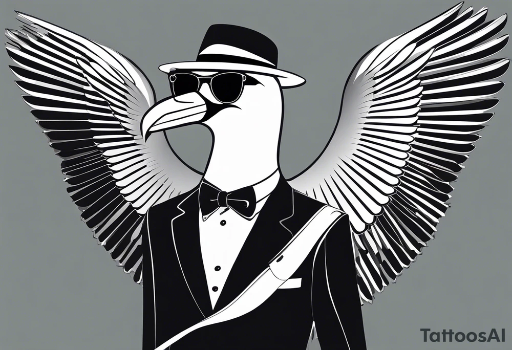 Black and white silhouette illustration of a seagull (albatross) with a human body, wearing sunglasses and a hat. The bird’s wings and head are shown in dynamic, stylized shapes, while its human body is positioned confidently, holding a camera. The design is playful and minimalistic, with clean lines defining the figure and accessories. The background features abstract, simplified shapes of a serene beach and a clear sky, creating a sense of relaxation and adventure. The silhouette emphasizes the whimsical character of the scene, with strong contrasts to highlight the unique design. tattoo idea