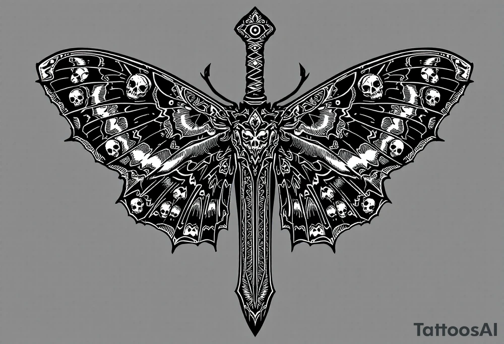 Dagger and Moth – A mystical dagger surrounded by a detailed black and gray moth, its wings featuring soft white highlights and subtle patterns resembling skulls. The dagger is dark silver with antique-style carvings. tattoo idea