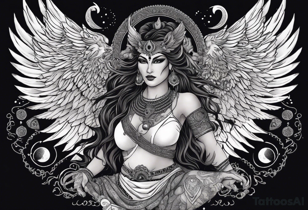 black kali, goddess pirate, alien, angel, pachamama, valkrye, warrior, flying, skull, lotus azul, wing, eagle, zenza resonance, stars, 5D, anahata chakra, death, durga, riding on a tiger, flying lady, kundalini, chest tatoo, samuri, rebel,serpent tattoo idea