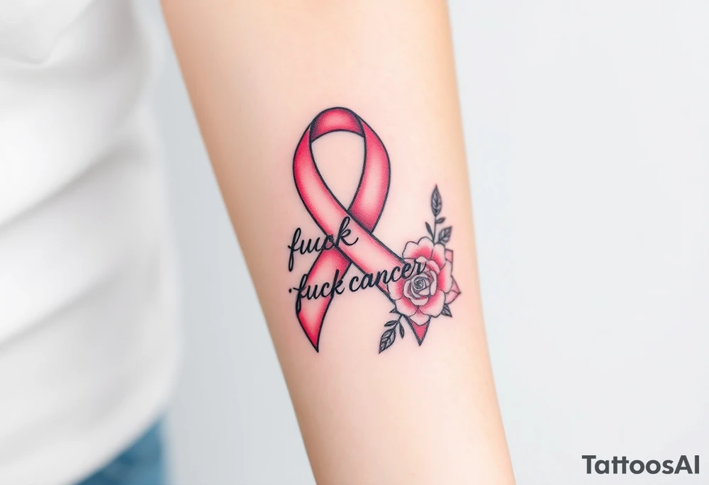 Pretty pink Cancer ribbon that says "fuck cancer"with light pink roses tattoo idea