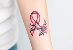 Pretty pink Cancer ribbon that says "fuck cancer"with light pink roses tattoo idea