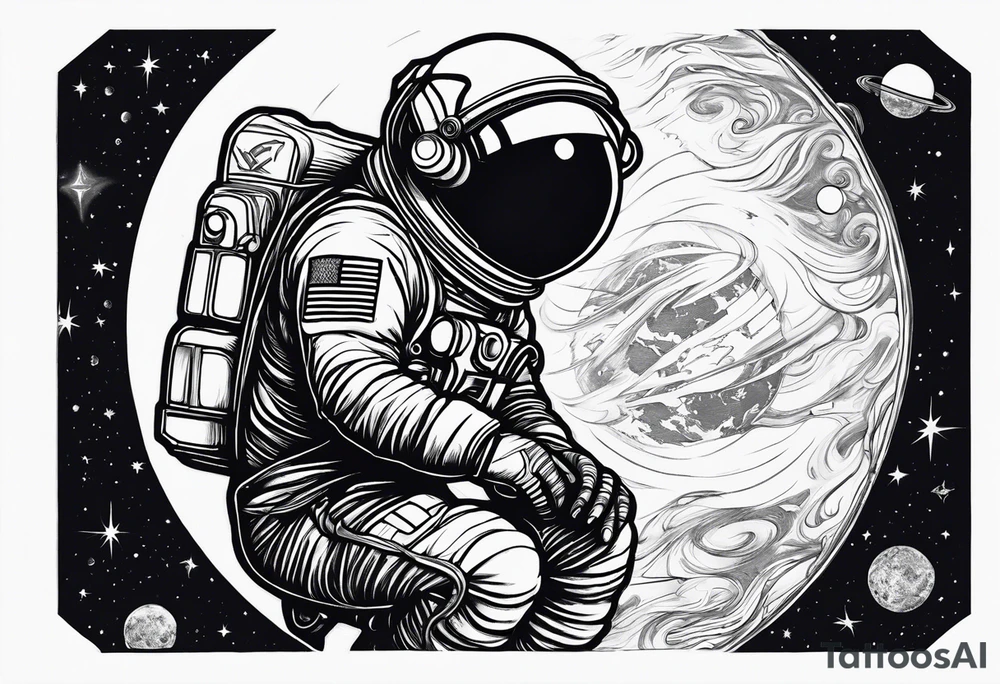 an astronaut hunched over in space from the back holding a planet in his hands tattoo idea