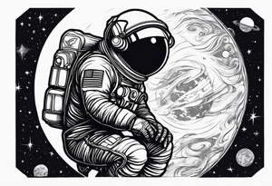 an astronaut hunched over in space from the back holding a planet in his hands tattoo idea