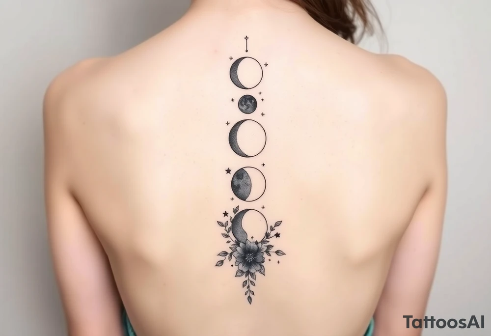 new moon, waxing crescent, first quarter, waxing gibbous, full moon, waning gibbous, last quarter, and waning crescent going down the spine vertically each represent different phases of the moon individually with flowers and vines and stars around it tattoo idea