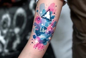 Flowing watercolor splashes in pink, blue, and lavender wrap around a white-ink Libra star constellation and Libra sign. tattoo idea