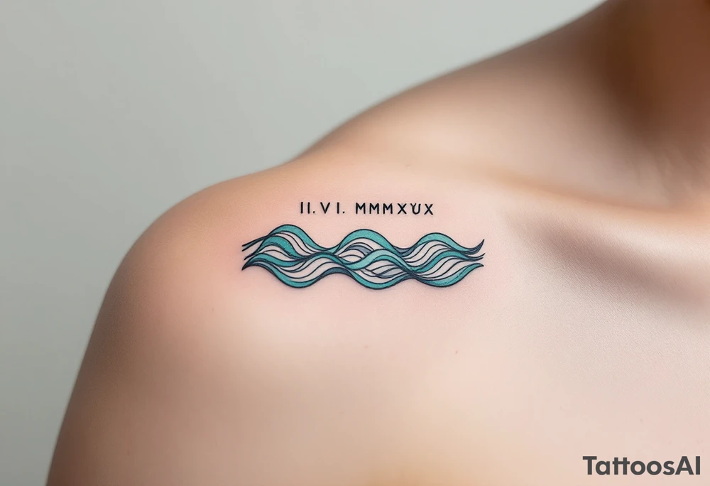 Fine-line II.VI.MMXIX in dark ink on the inner bicep, with stylized waves in desaturated teal flowing beneath. tattoo idea