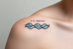 Fine-line II.VI.MMXIX in dark ink on the inner bicep, with stylized waves in desaturated teal flowing beneath. tattoo idea