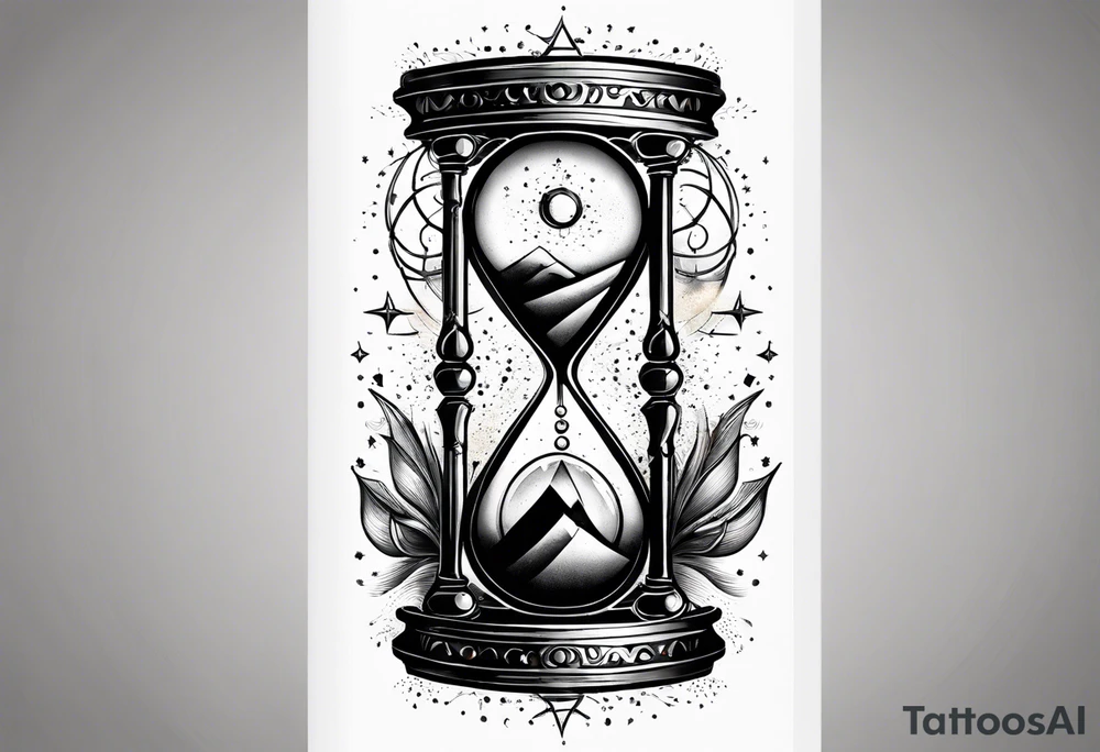 Hourglass with star stuff and cosmic dust exploding from the top and bottom of the hourglass. Long tattoo to fit on the forearm tattoo idea