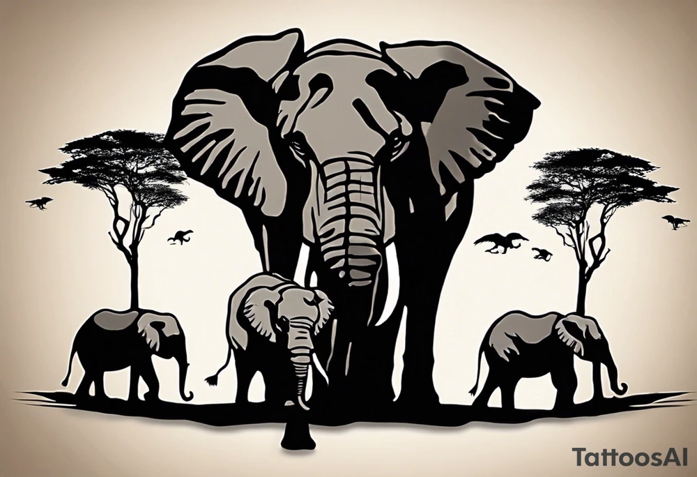 “AI, can you create a unique tattoo design for me? I envision three elephants – a small one in the front, the dad behind, and the mom behind the dad. I’d like the background to feature a rising sun and an African tree. Feel free to add your artistic touch and details to make it special.” tattoo idea