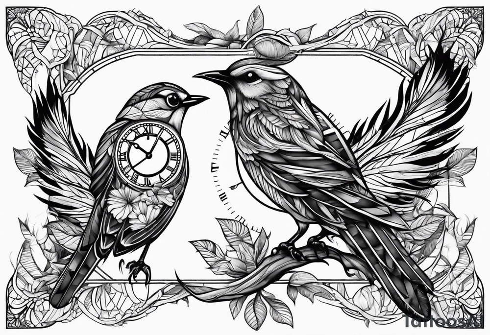 a bird clock but the bird's feathers are falling apart wich represents the fugacity of time tattoo idea