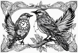 a bird clock but the bird's feathers are falling apart wich represents the fugacity of time tattoo idea