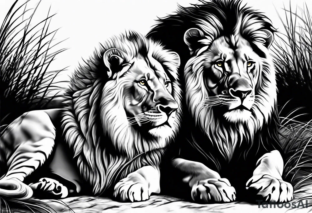 Realistic lion and lioness 
bonding tattoo idea