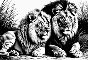 Realistic lion and lioness 
bonding tattoo idea