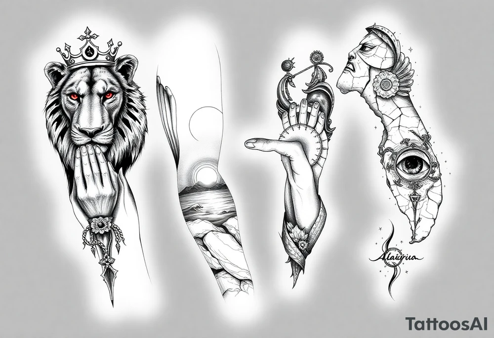 "Design a full arm sleeve tattoo for a man. The top of the arm should feature a realistic lion head with glowing red eyes and a crown, symbolizing strength and protection. On the inner bicep, include a tribute to grandparents with a pair of praying hands (one male, one female), a rosary, and angel wings behind them. On the outer forearm, include an outline of Florida, filled with a Central Florida sunrise, orange tree roots, and a hidden gator eye-something unique and detailed. On the inner forearm, design a stylized Aquarius theme with the Aquarius water bearer pouring cosmic water into a galaxy or stars. Blend all areas together with smoke, waves, and cracked textures for a cohesive, masculine flow. Include area code '863' subtly somewhere in the Florida section." tattoo idea
