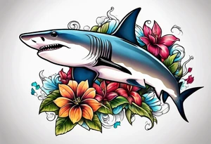 Hammerhead shark with flowers tattoo idea