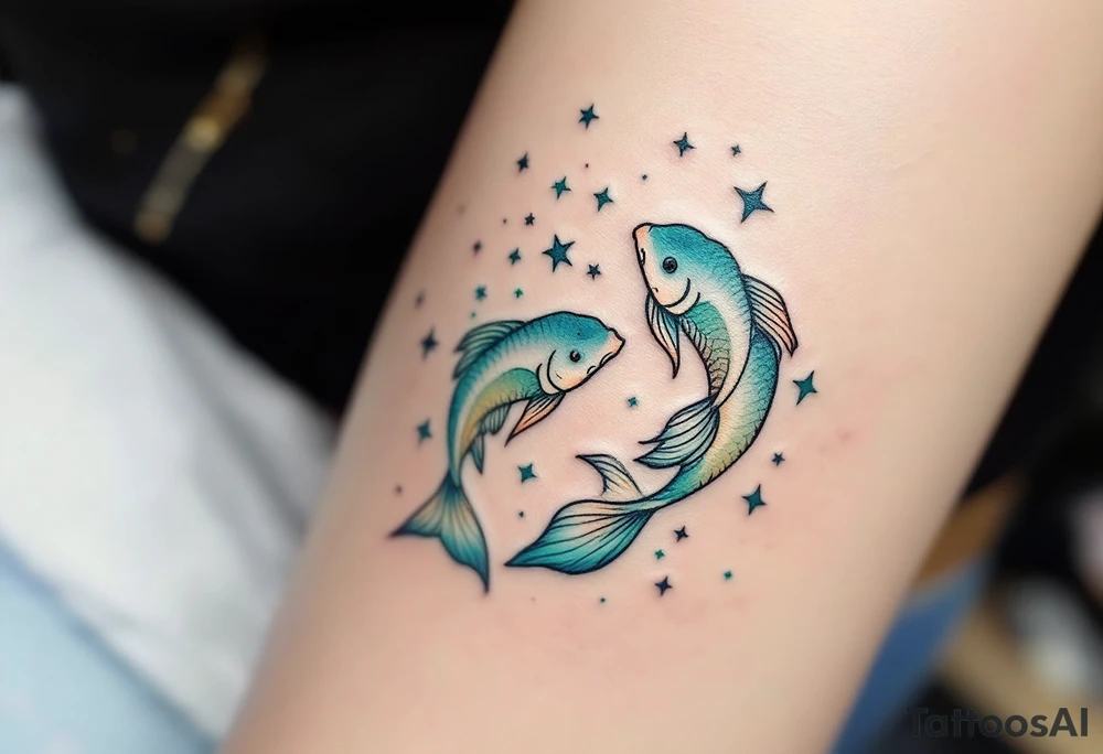 In this tattoo, a gradient of sea-green and teal forms the Pisces stars with the zodiac glyph in matching hues. tattoo idea