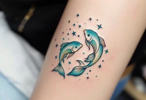 In this tattoo, a gradient of sea-green and teal forms the Pisces stars with the zodiac glyph in matching hues. tattoo idea