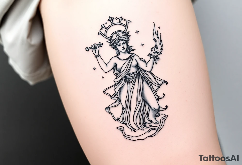 outer thigh tattoo greek sculpture athena and fire
, fine line tattoo idea