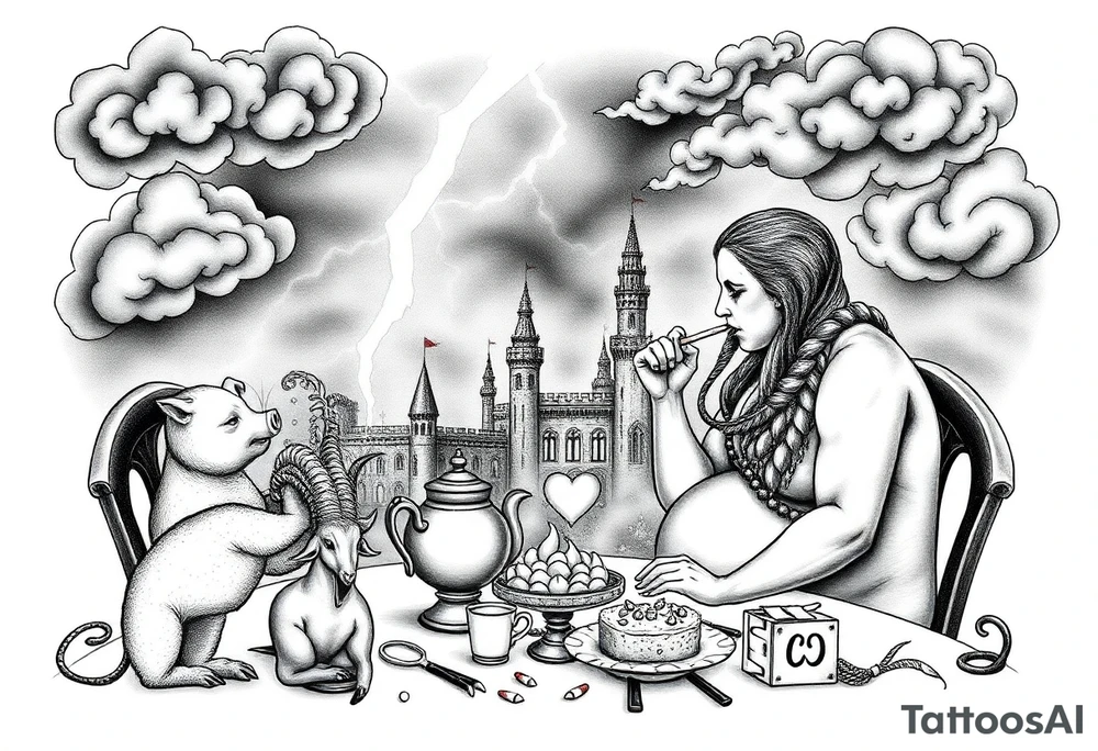 Naked Man having sex Storm lightening clouds gothic sexy naked fat lady having a tea party with tea pot and medieval castle
with a pig, peacock, noose, lion, goat, smoking cigerettes looking in the mirror eating a cake thru storm clouds with razor blades and broken hearts and darkness and wrath, envy , gluttony, greed, sloth, pride kill tattoo idea