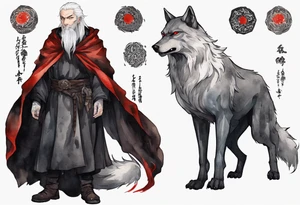 a gaunt medieval man with white hair, grey eyes, and a black cloak standing beside a massive grey wolf with red eyes tattoo idea