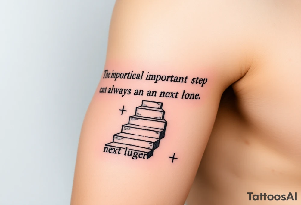 Design a tattoo for the outer arm using the phrase “the most important step a person can take is always the next one” with a geometric path or staircase tattoo idea