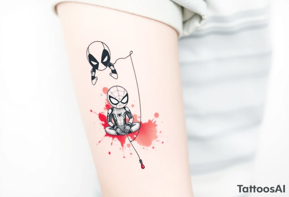 A vertical stacked tattoo design for a half-sleeve on a white background. At the top is a chibi Deadpool character in a bold ink sketch style. At the bottom is a chibi Spider-Man character sitting cross-legged in a loose pencil sketchbook style. High contrast black and grey shading. The two characters are connected by loose, energetic sketch lines and a thin spiderweb thread hanging between them. Dramatic, stylized splashes of bright, vibrant watercolor red ink splatter bursting out around both characters' suits, bleeding into the negative space. Tattoo flash sheet style, crisp linework. tattoo idea