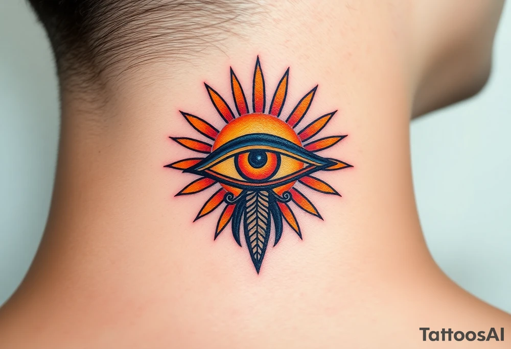 An Eye of Horus with a glowing golden sun behind it, casting rays of light in soft orange and yellow hues tattoo idea
