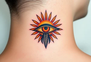 An Eye of Horus with a glowing golden sun behind it, casting rays of light in soft orange and yellow hues tattoo idea