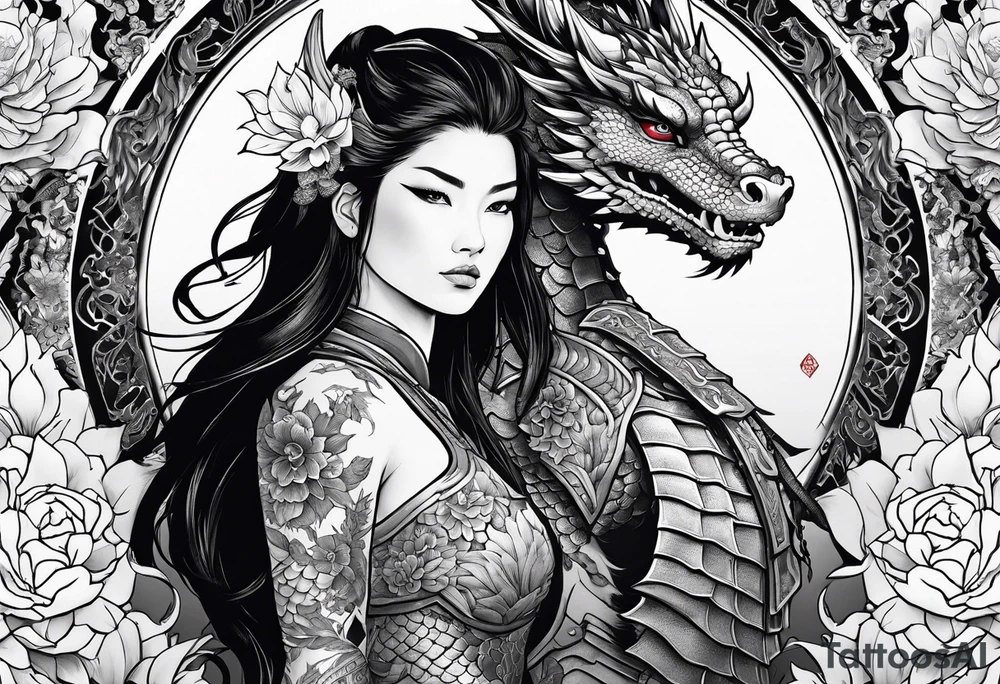 beautiful warrior woman wearing dragon armor and a floral background and a dragon tattoo idea
