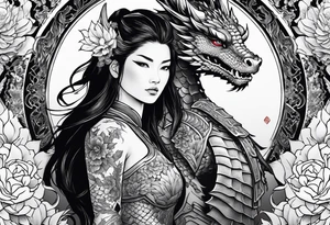 beautiful warrior woman wearing dragon armor and a floral background and a dragon tattoo idea