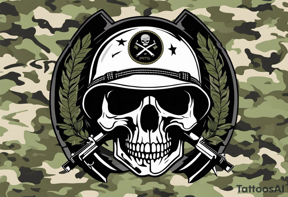 Skull in the center with military elements, such as a helmet, and two crossed rifles behind the skull. Place the phrase "Fortis Fortuna Adiuvat" above the skull in a military-style font. Use a simple background reminiscent of camouflage, keeping a neutral color palette with blacks, greens, and grays, or opt for a classic black and gray style. tattoo idea