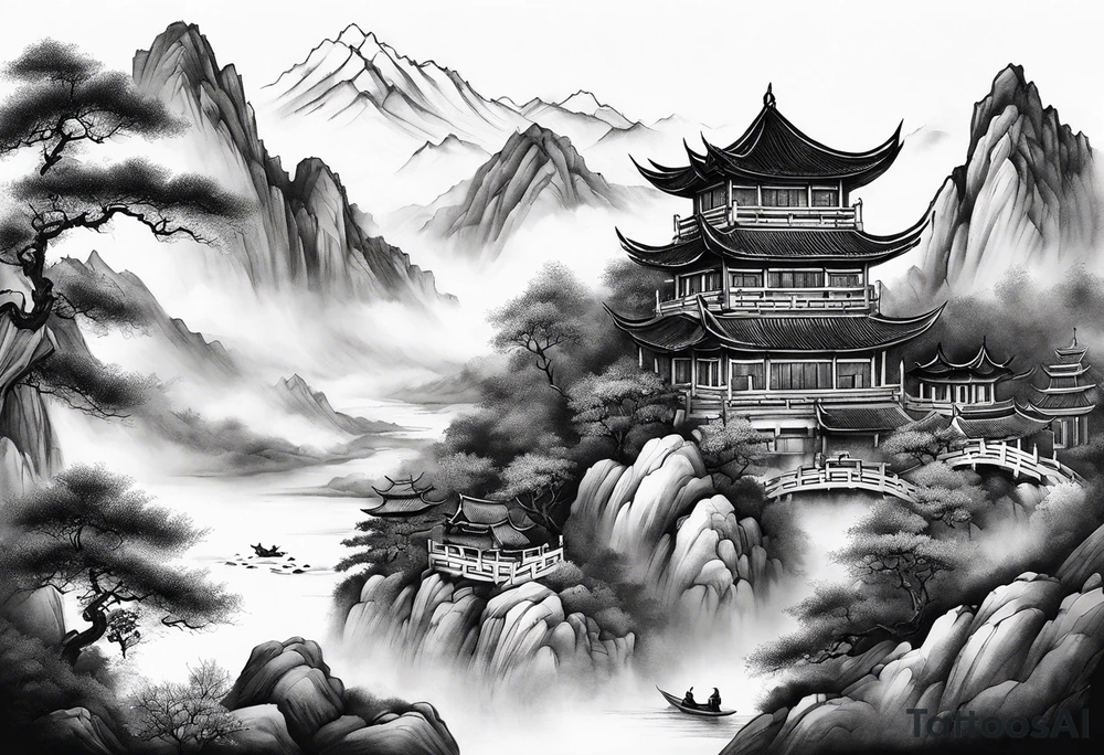 forearm sleeve traditional chinese art painting style autumn mountains mist fog water Chinese temple 2 male monks wearing robes  drinking tea tattoo idea